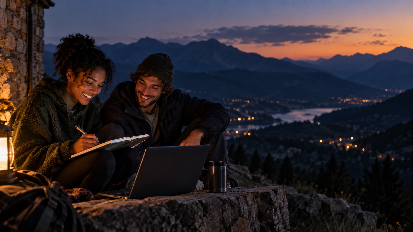 Two people learning together with a mountain landscape behind them
